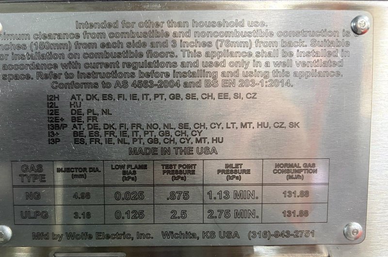Gas rating plate on a new XLT conveyor oven showing AS 4563 conformance