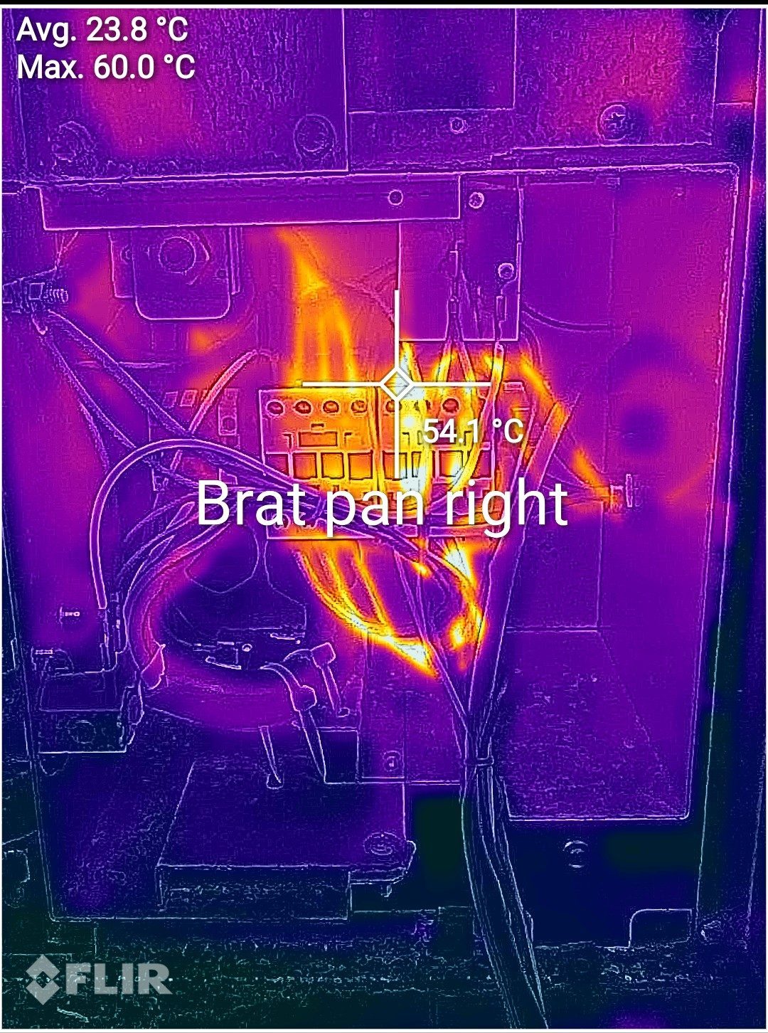 Thermal imaging scan showing a hot spot on electrical connections inside a bratt pan
